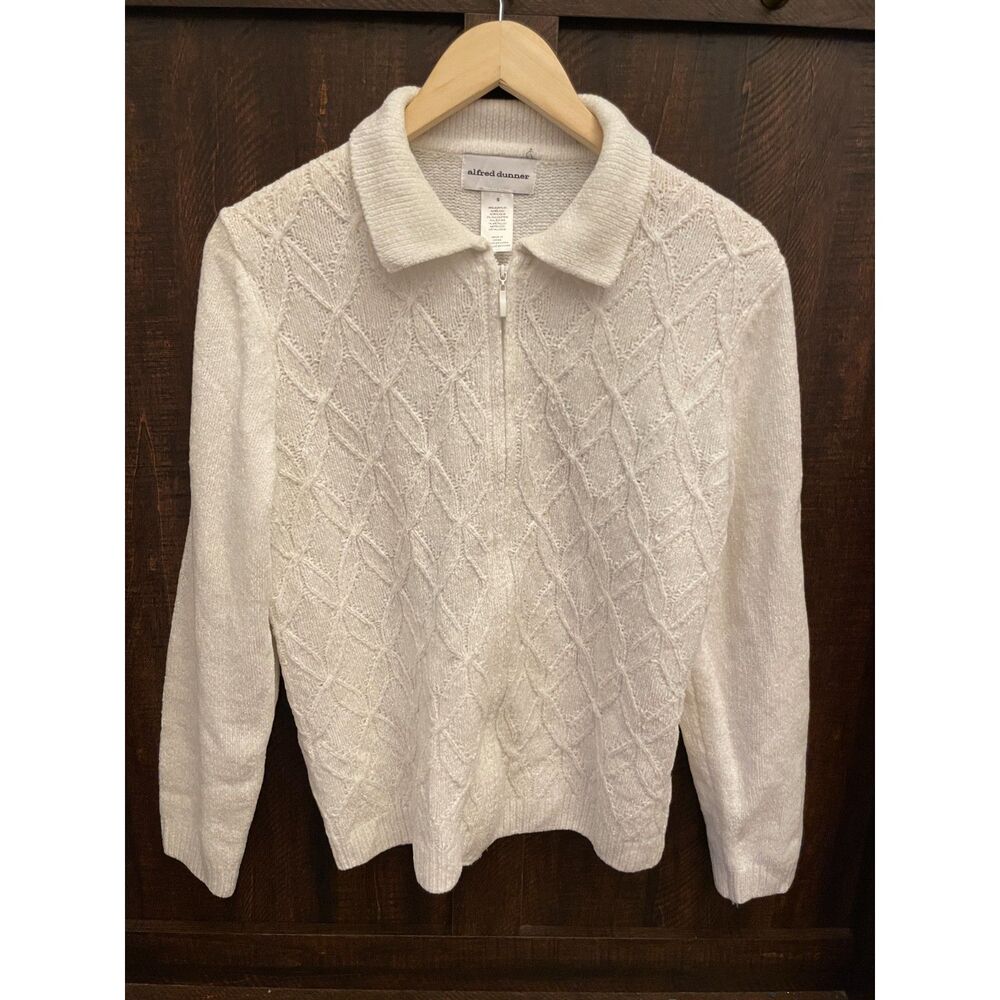 grandma chic Textured Zip Neck Sweater Metallic Knit Collared Pullover